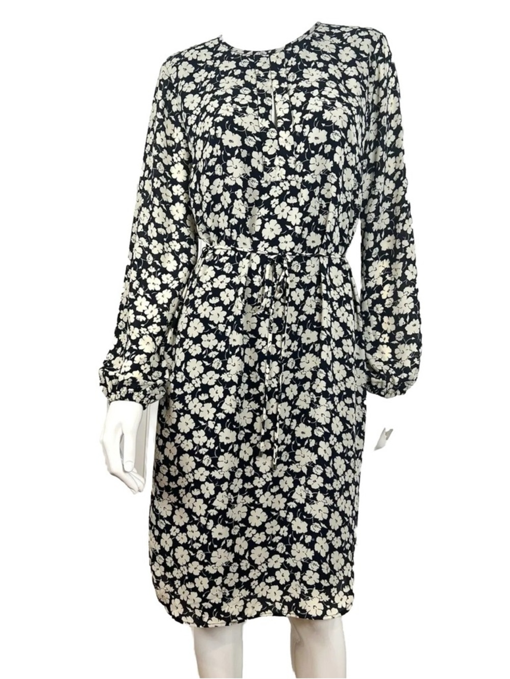 Ralph Lauren Black and Cream Floral Tie-Waist Midi Dress
